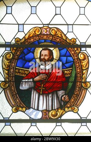 St. Mark Krizin, a stained glass window at Holy Family Church in Zagreb, Croatia Stock Photo