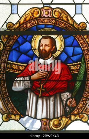 St. Mark Krizin, a stained glass window at Holy Family Church in Zagreb, Croatia Stock Photo