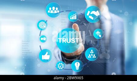 Trust customer relations reliability business concept. Pointing and pressing on virtual screen Stock Photo
