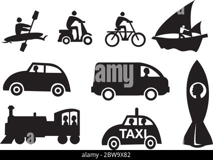 Vector icons of different mode of transportation in black isolated on white background. Stock Vector