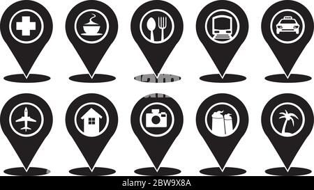 Isolated vector Icon set on Map Markers for Travel and Transport Services in black and white. Stock Vector