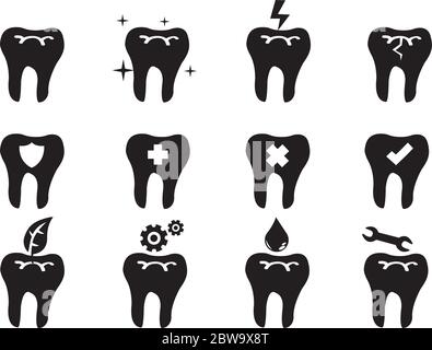 Black and white vector icon set of conceptual symbols on tooth isolated on white background for dental and oral care. Stock Vector