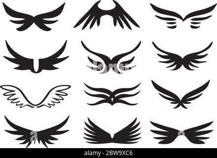 Wings in different designs. Vector illustration in black isolated on white background. Stock Vector