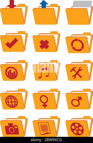 Computer folder icons in orange color with various conceptual symbols. Vector icon set isolated on white background. Stock Vector