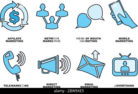 Set of eight hand drawn icon designs for business marketing and promotion methods in shades of blue isolated on white background. Stock Vector