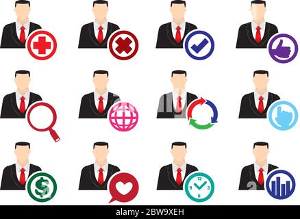Vector illustration of businessman with conceptual symbols in circle isolated on white background Stock Vector