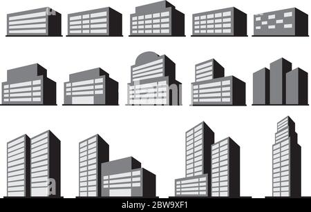 Vector illustration of office or commercial building blocks in monochromatic grey isolated on white background. Stock Vector