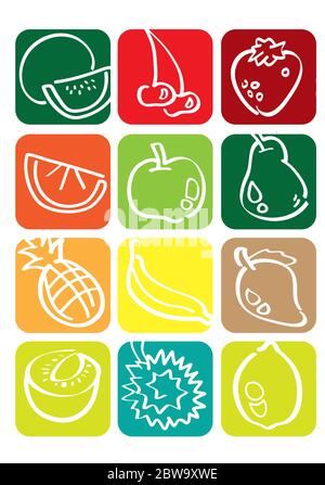 Colorful square vector icon set with fruit drawings in minimalist doodle style isolated on white background Stock Vector