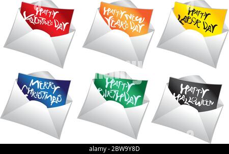Vector illustration of a set of letter mailers with different holiday messages. Stock Vector