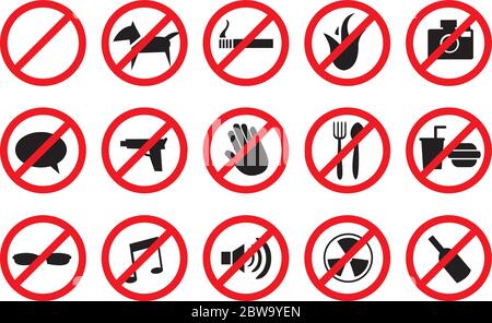 Vector illustration of "No" signs for different prohibited activities. Isolated on white background. Stock Vector