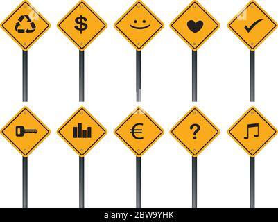 Vector illustration of yellow square road sign with different icon symbols Stock Vector