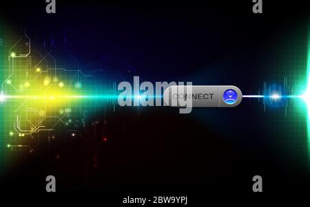 Realistic connect button on abstract technology background, digital communication network computer, futuristic energy science system Stock Vector