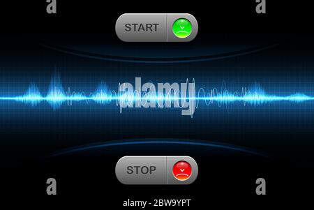 Realistic start and stop button sound wave abstract technology background, digital communication network computer, futuristic energy science system Stock Vector