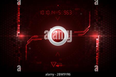 Realistic red circle game button on abstract technology background, digital communication network computer, futuristic energy science system Stock Vector
