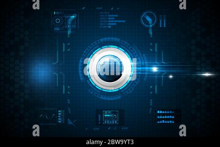 Realistic circle blue button on abstract technology background, digital communication network computer, futuristic energy science system Stock Vector