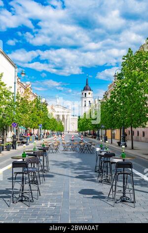 Outdoor bar and restaurant, Vilnius, Lithuania, Europe, to be turned into vast open-air cafe city, reopening after lockdown, empty outdoor tables Stock Photo