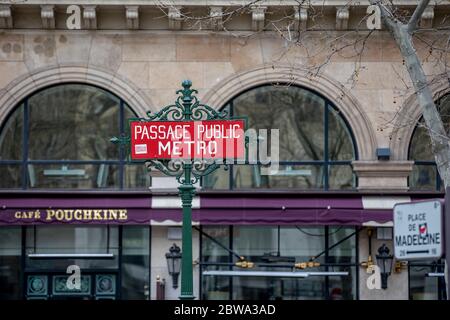 Paris, France - March 17, 2020: A Paris vintage passage public metro sign Stock Photo