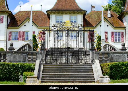 Front view of Waldegg Castle. French and Italian style elements mix with the strict architecture of a Solothurn. Solothurn canton, Switzerland. Stock Photo
