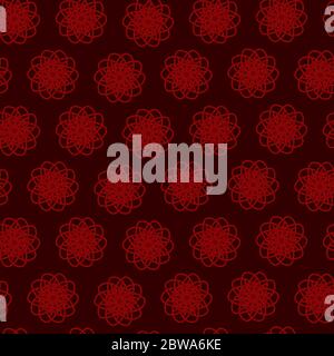 red abstract symmetric flowers seamless pattern on dark red background Stock Vector