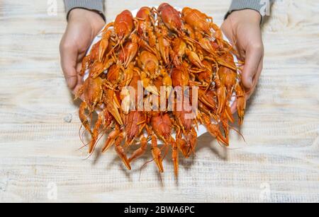 Boiled crayfish on the table. Selective focus. food. Stock Photo
