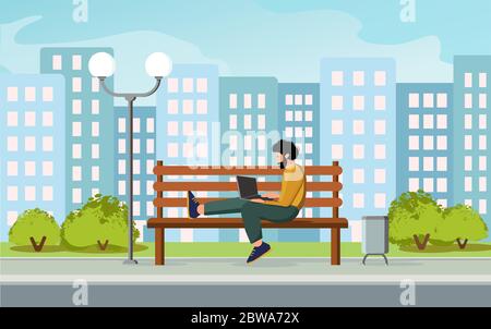 Freelance, remote work concept. Man using laptop computer on street bench, mock up screen. Adult male blogger is typing on keyboard, working anywhere Stock Vector