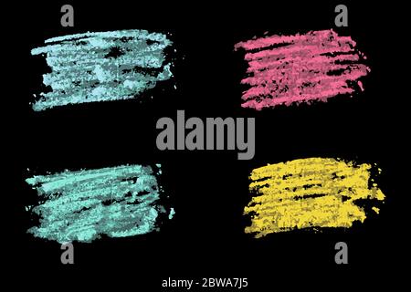 Set of grunge blue, green, pink and yellow chalk texture stripe brush on black background Stock Vector