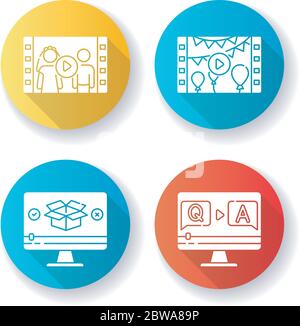 Video content flat design long shadow glyph icons set Stock Vector