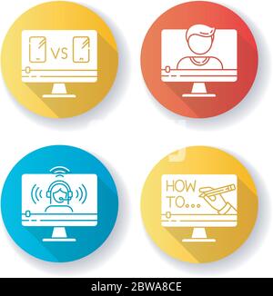 Online video watching flat design long shadow glyph icons set Stock Vector