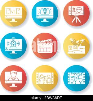 Video production flat design long shadow glyph icons set Stock Vector