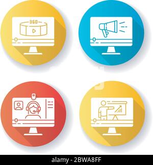 Internet video flat design long shadow glyph icons set Stock Vector