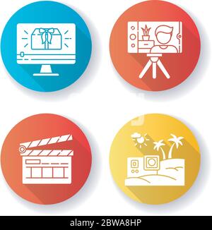 Filmmaking and Internet blogging flat design long shadow glyph icons set Stock Vector