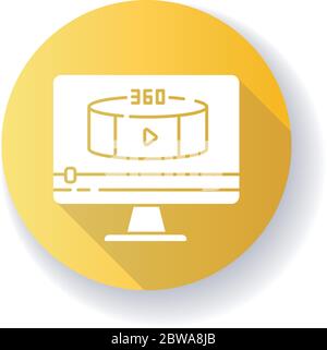 360 degree view video yellow flat design long shadow glyph icon Stock Vector