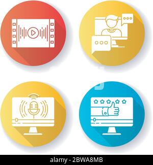 Videography flat design long shadow glyph icons set Stock Vector
