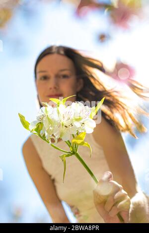 Young girl in summer dress extending her arm towards viewer holding a white flower while her long hair is affected by the wind. Royalty free stock pho Stock Photo