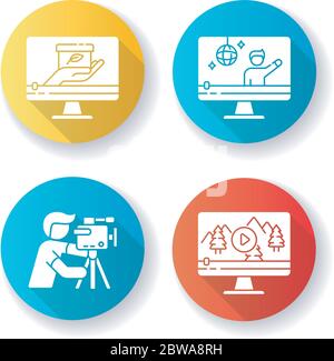 Filmmaking and videography flat design long shadow glyph icons set Stock Vector