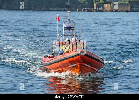Plymouth RNLI inshore lifeboat the Annabel E Jones and crew in Plymouth Sound Stock Photo