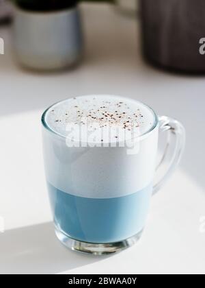 Blue pea latte or blue matcha latte with copy space. Hot fresh milk with blue butterfly pea flowers or clitoria ternatea latte in glass cup at natural sunset hard light. White background. Vertical Stock Photo