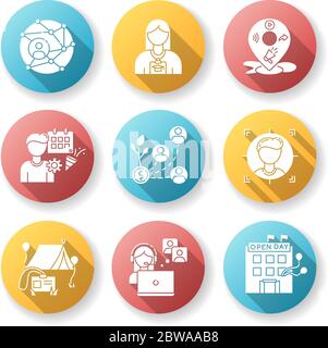 Networking flat design long shadow glyph icons set Stock Vector
