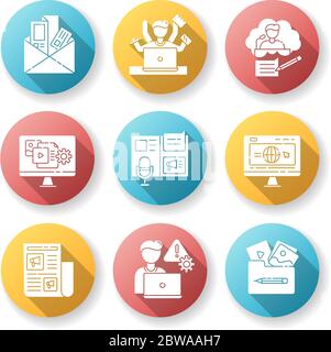Blogging flat design long shadow glyph icons set Stock Vector