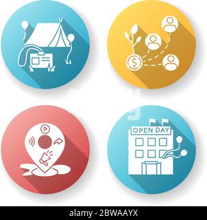 Event organization flat design long shadow glyph icons set Stock Vector