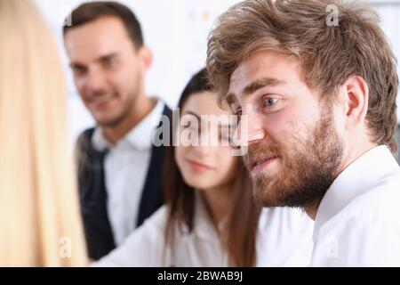 Teamwork discusses problems in the workplace Stock Photo