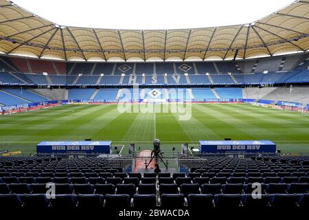 Karlsruhe, Germany. 31st May, 2020. 2nd Bundesliga football, 29th day of play, Hamburger SV - SV Wehen Wiesbaden in the Volksparkstadion. View into the empty stadium before the game starts. Credit: Stuart Franklin/Getty Images Europe/Pool/dpa - IMPORTANT NOTE: In accordance with the regulations of the DFL Deutsche Fußball Liga and the DFB Deutscher Fußball-Bund, it is prohibited to exploit or have exploited in the stadium and/or from the game taken photographs in the form of sequence images and/or video-like photo series./dpa/Alamy Live News