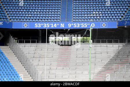 Karlsruhe, Germany. 31st May, 2020. Football 2nd Bundesliga, 29th matchday, Hamburger SV - SV Wehen Wiesbaden in the Volksparkstadion. View of the empty spectator stand before the start of the game. Credit: Stuart Franklin/Getty Images Europe/Pool/dpa - IMPORTANT NOTE: In accordance with the regulations of the DFL Deutsche Fußball Liga and the DFB Deutscher Fußball-Bund, it is prohibited to exploit or have exploited in the stadium and/or from the game taken photographs in the form of sequence images and/or video-like photo series./dpa/Alamy Live News