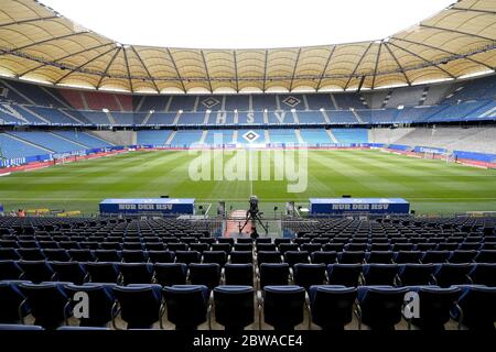 Karlsruhe, Germany. 31st May, 2020. Football 2nd Bundesliga, 29th matchday, Hamburger SV - SV Wehen Wiesbaden in the Volksparkstadion. View into the empty stadium before the game starts. Credit: Stuart Franklin/Getty Images Europe/Pool/dpa - IMPORTANT NOTE: In accordance with the regulations of the DFL Deutsche Fußball Liga and the DFB Deutscher Fußball-Bund, it is prohibited to exploit or have exploited in the stadium and/or from the game taken photographs in the form of sequence images and/or video-like photo series./dpa/Alamy Live News