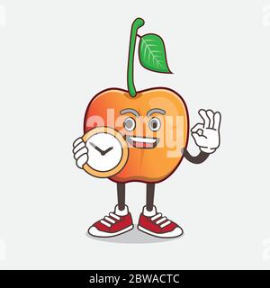 An illustration of Royal Ann Cherry cartoon mascot character holding a clock Stock Vector