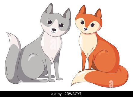 Fox and wolf sitting together. Forest predators. Vector illustration in cute cartoon style Stock Vector