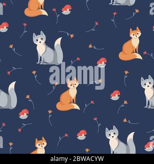 Animal seamless pattern. Fox and wolf on blue background with flowers and mushrooms. Pattern for textile, fabric and paper. Vector illustration in Stock Vector