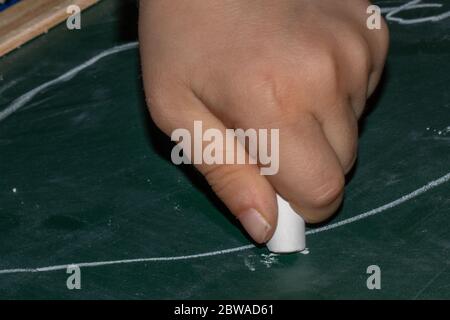 close-up photograph of the hand of a small child who is drawing a line with a white chalk on a blackboard Stock Photo