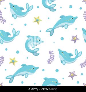 Dolphin seamless pattern. Cute dolphins on white background. Vector illustration in cartoon style Stock Vector