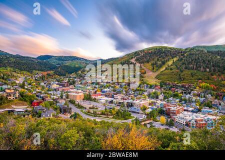 Park City, Utah, USA downtown in autumn at dusk. Stock Photo